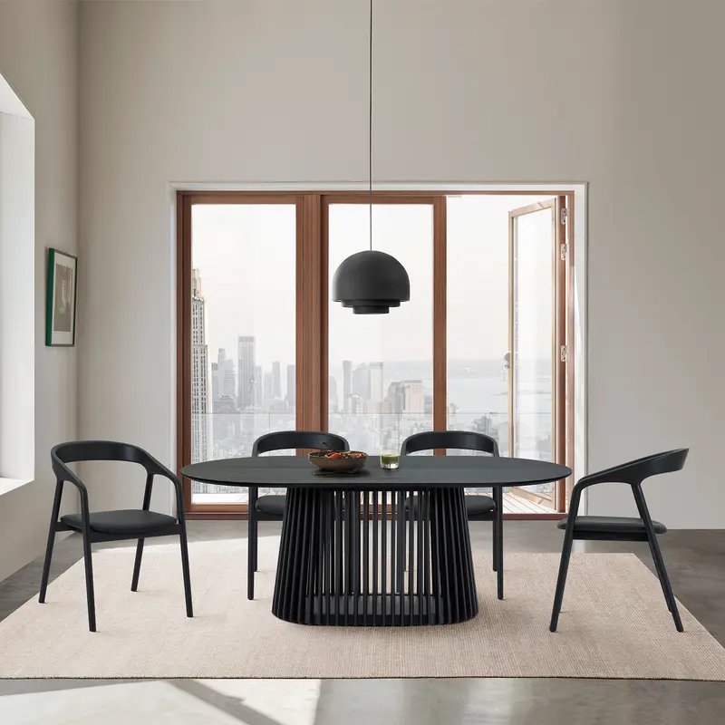Pasadena Apache 5 Piece Oval Dining Set in Black Oak Finish with Black Faux Leather By Armen Living