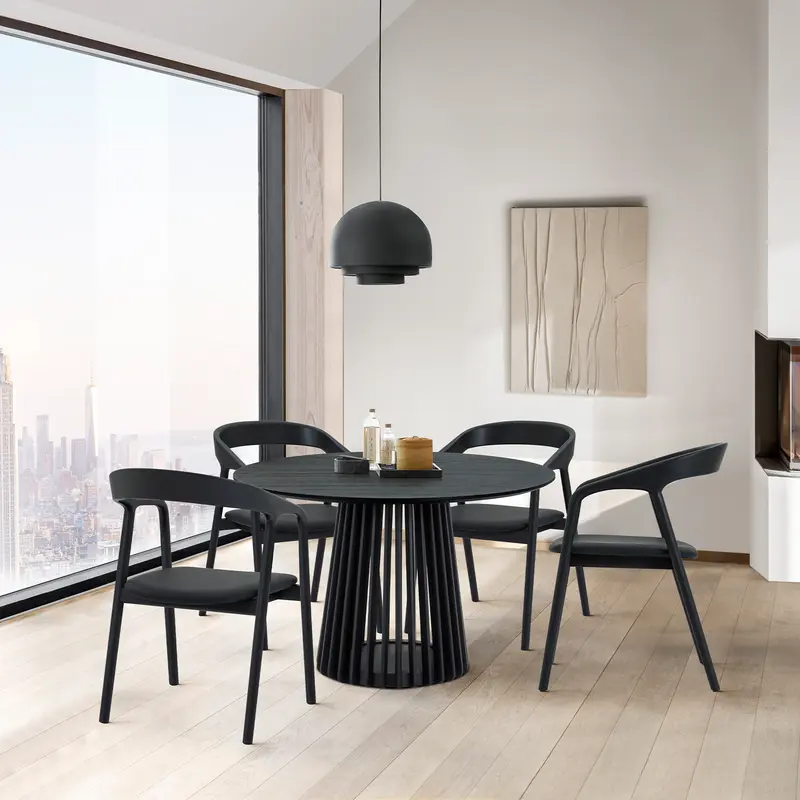 Pasadena Apache 5 Piece Round Dining Set in Black Oak Finish with Black Faux Leather By Armen Living