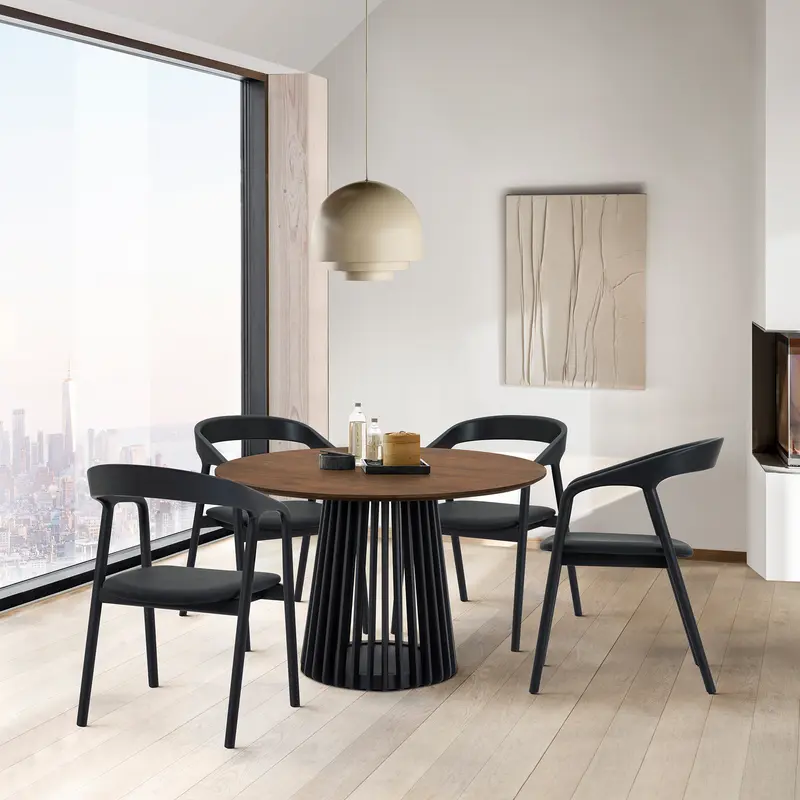 Pasadena Apache 5 Piece Round Dining Set in Walnut and Black Oak Finish with Faux Leather By Armen Living