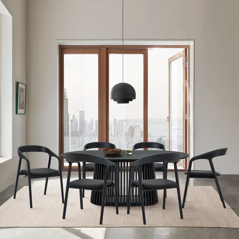 Pasadena Apache 7 Piece Oval Dining Set in Black Oak Finish with Black Faux Leather By Armen Living