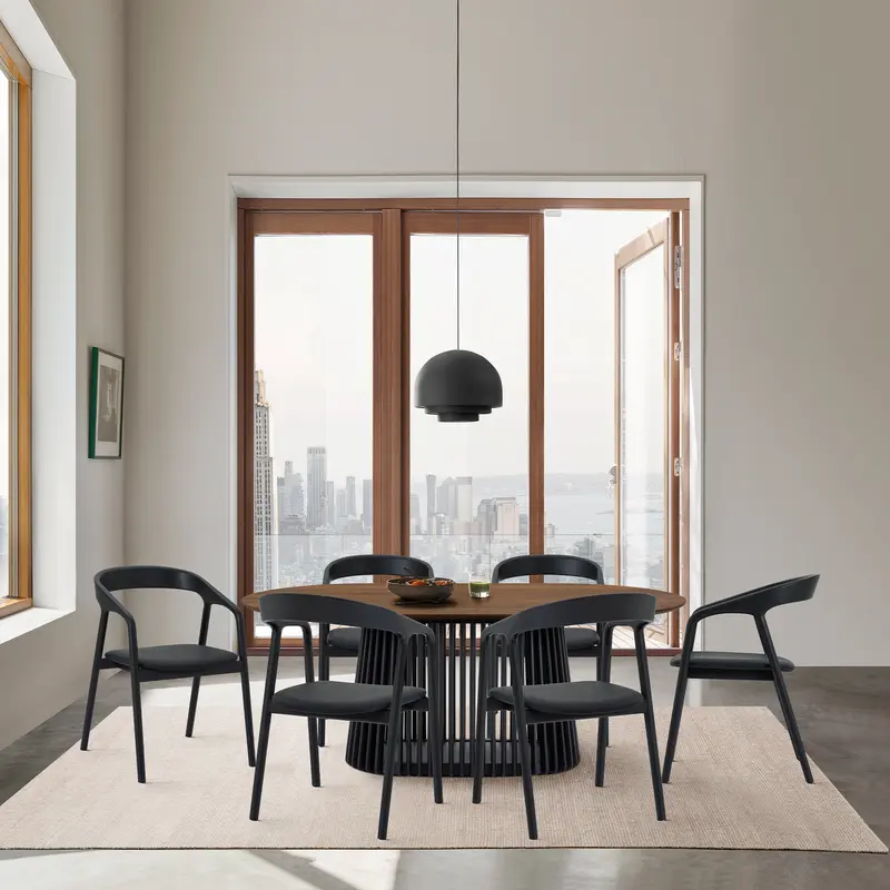 Pasadena Apache 7 Piece Oval Dining Set in Walnut and Black Oak Finish with Faux Leather By Armen Living
