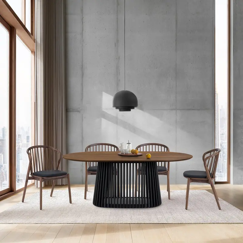 Pasadena Echo 5 Piece Oval Dining Set with Walnut and Black Finish Table and Walnut Finish Chairs By Armen Living