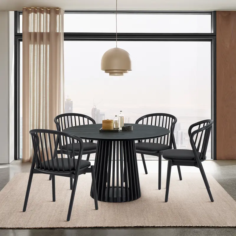 Pasadena Echo 5 Piece Round Dining Set in Black Oak Finish with Black Faux Leather By Armen Living