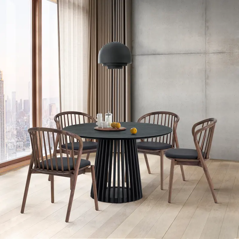 Pasadena Echo 5 Piece Round Dining Set with Black Oak Finish Table and Walnut Finish Chairs By Armen Living