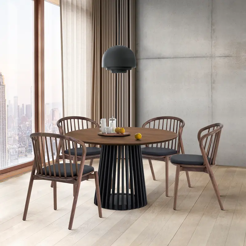 Pasadena Echo 5 Piece Round Dining Set with Walnut and Black Finish Table and Walnut Finish Chairs By Armen Living