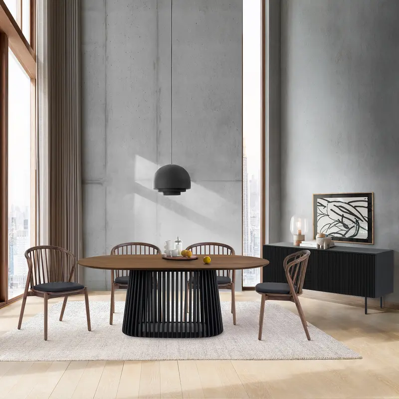 Pasadena Echo 6 Piece Oval Dining Set with Buffet in Black Finish with Walnut Finish Table Top and Chairs By Armen Living