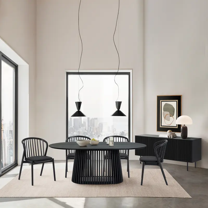 Pasadena Echo 6 Piece Oval Dining Set with Buffet in Black Oak Finish with Black Faux Leather By Armen Living
