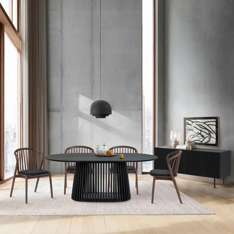 Pasadena Echo 6 Piece Oval Dining Set with Buffet in Black Oak Finish with Walnut Finish Chairs By Armen Living