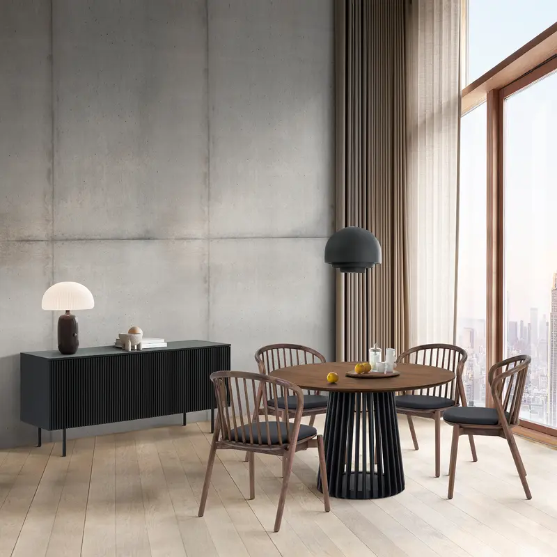 Pasadena Echo 6 Piece Round Dining Set with Buffet in Black Finish with Walnut Finish Table Top and Chairs By Armen Living