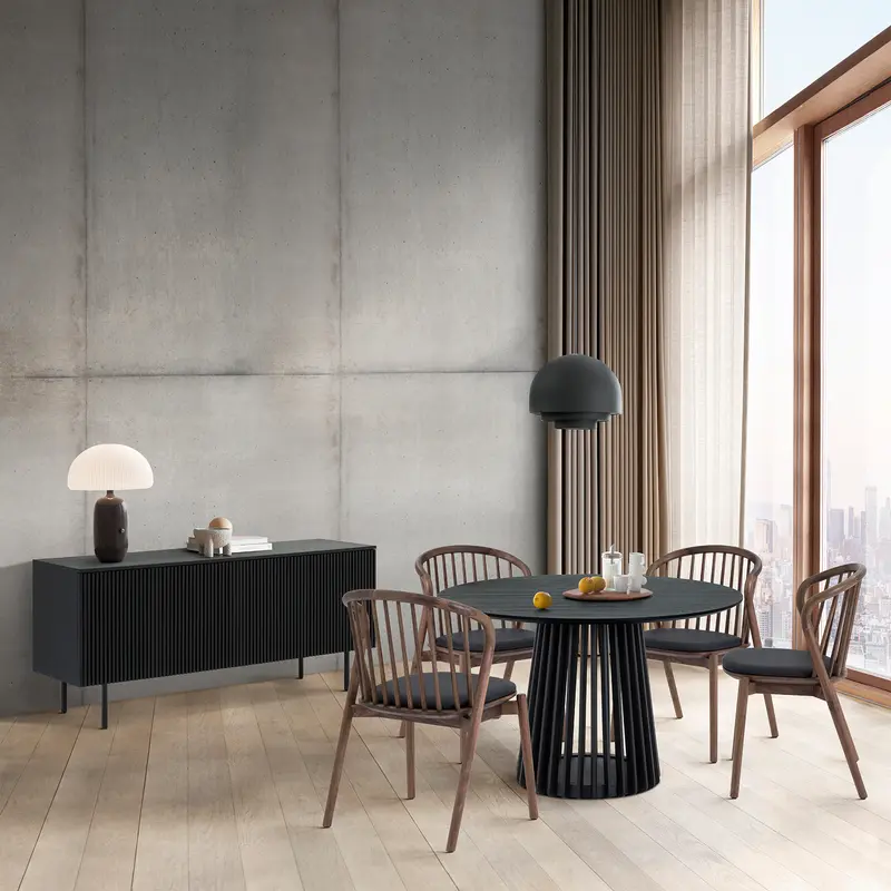 Pasadena Echo 6 Piece Round Dining Set with Buffet in Black Oak Finish and Walnut Finish Chairs By Armen Living