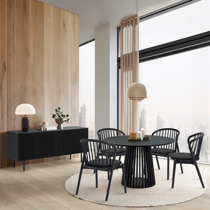 Pasadena Echo 6 Piece Round Dining Set with Buffet in Black Oak Finish with Faux Leather By Armen Living