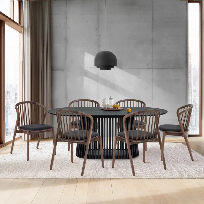 Pasadena Echo 7 Piece Oval Dining Set in Black Oak Finish with Walnut Finish Chairs By Armen Living