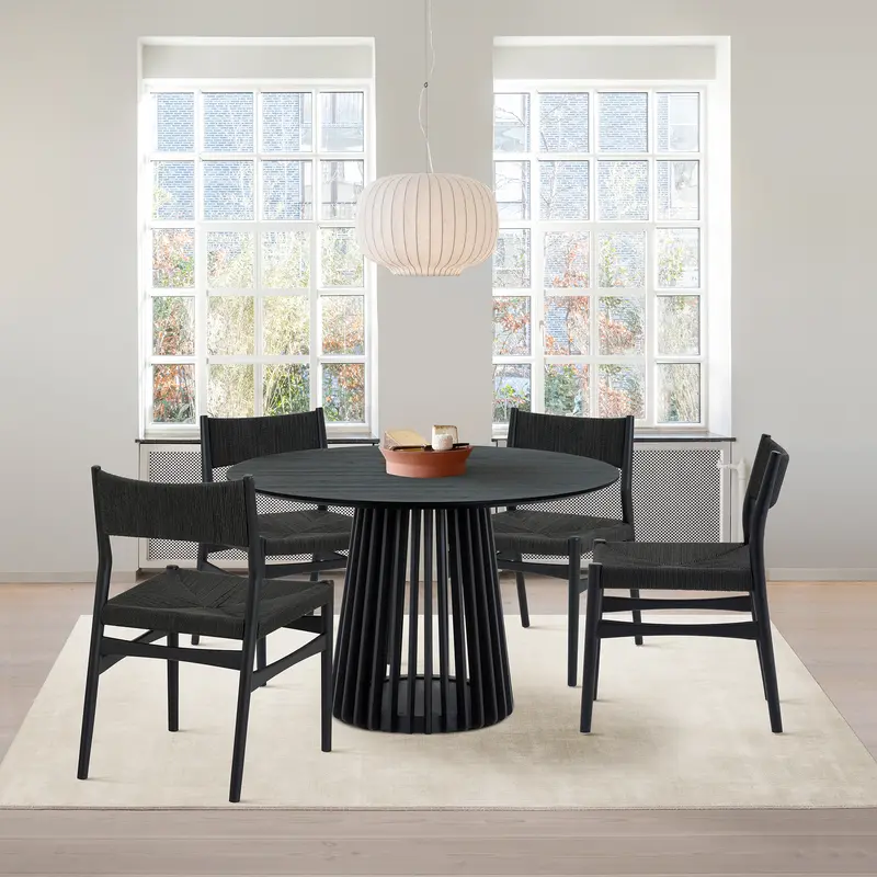 Pasadena Erie 5 Piece Round Dining Set in Black Oak Finish with Paper Cord Chairs By Armen Living