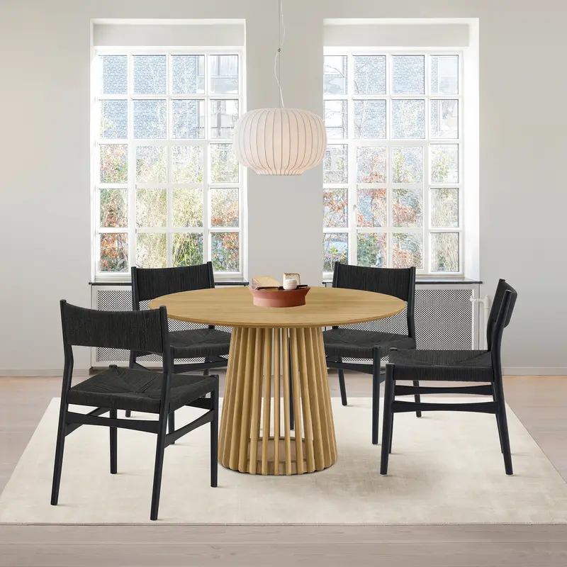Pasadena Erie 5 Piece Round Dining Set in Natural Oak Finish with Black Paper Cord Chairs By Armen Living
