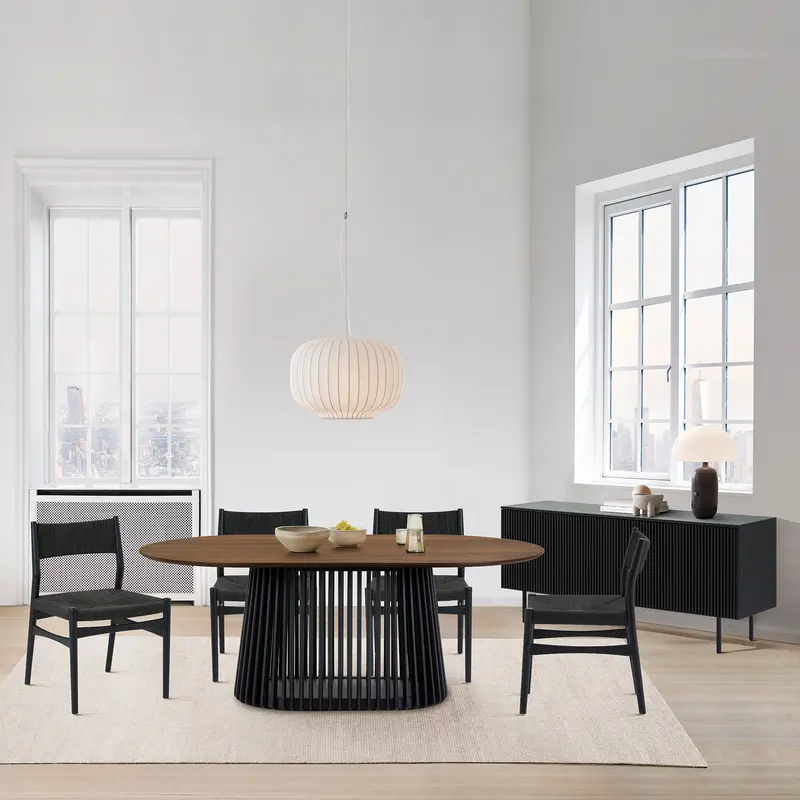 Pasadena Erie 6 Piece Oval Dining Set with Buffet and Paper Cord Chairs in Black Finish with Walnut Finish Table Top By Armen Living