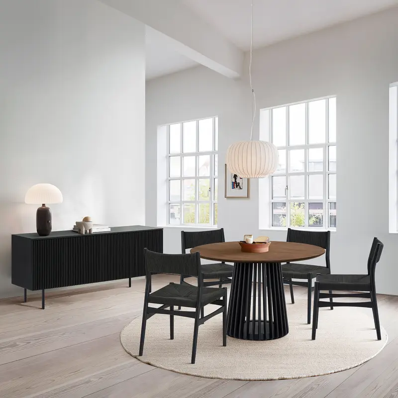 Pasadena Erie 6 Piece Round Dining Set with Buffet and Paper Cord Chairs in Black Finish with Walnut Finish Table Top By Armen Living