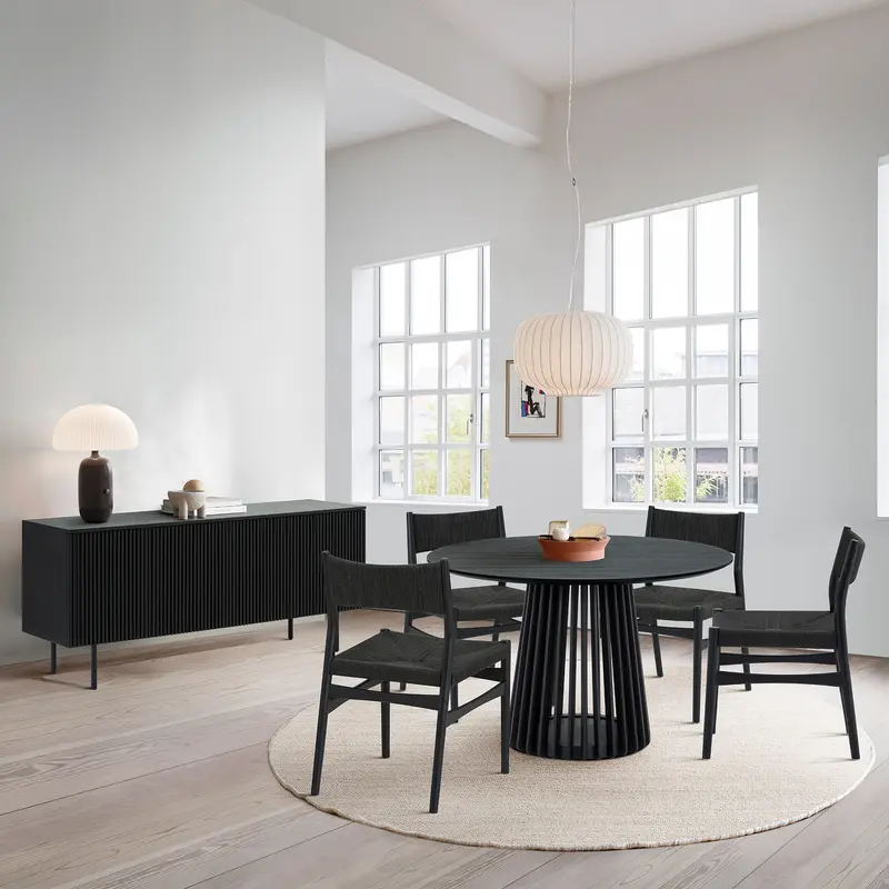 Pasadena Erie 6 Piece Round Dining Set with Buffet in Black Oak Finish with Paper Cord Chairs By Armen Living