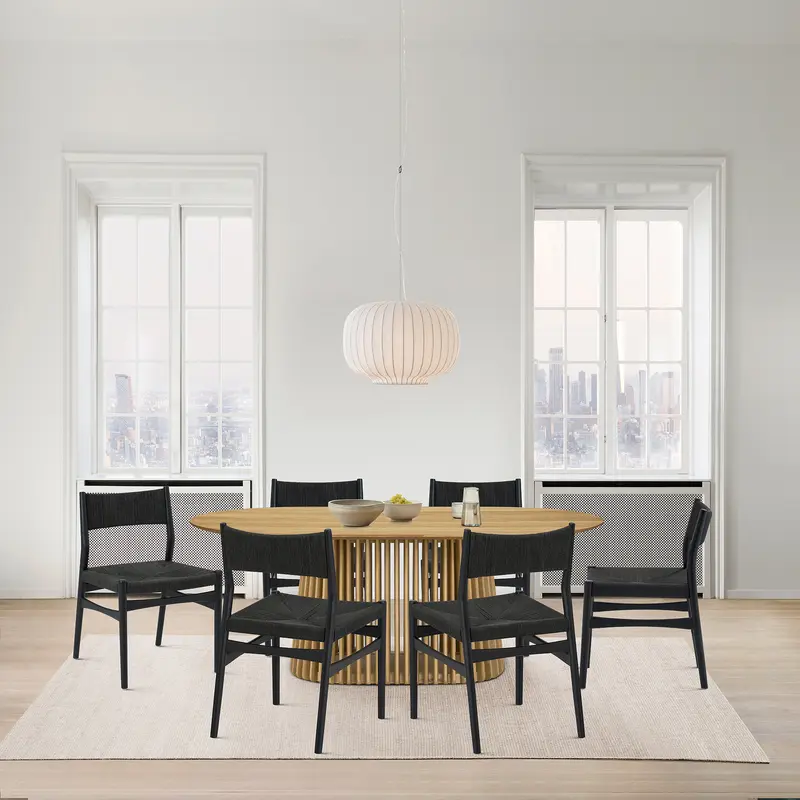 Pasadena Erie 7 Piece Oval Dining Set in Natural Oak Finish with Black Paper Cord Chairs By Armen Living
