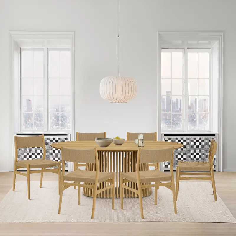Pasadena Erie 7 Piece Oval Dining Set in Natural Oak Finish with Paper Cord Chairs By Armen Living