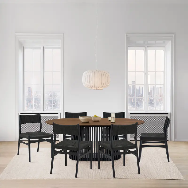 Pasadena Erie 7 Piece Oval Dining Set in Walnut and Black Finish with Paper Cord Chairs By Armen Living