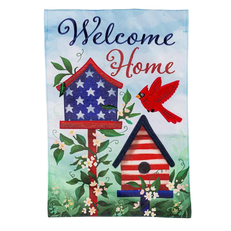 Patriotic Bird House Welcome Applique House Flag