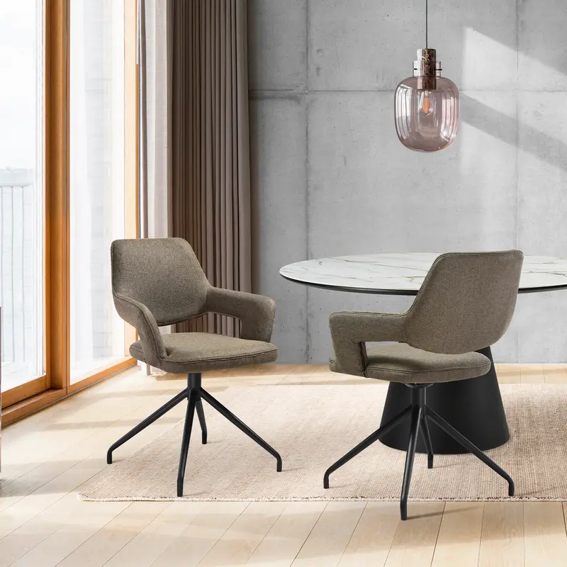 Penny Swivel Upholstered Dining Chair in Brown Fabric with Black Metal Legs - Set of 2 By Armen Living