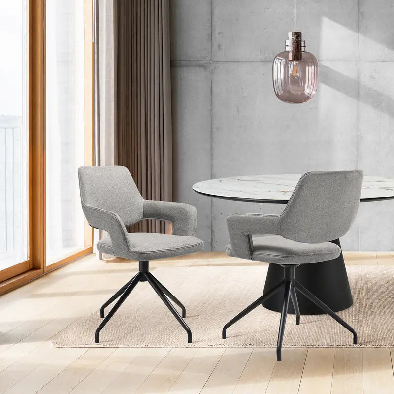 Penny Swivel Upholstered Dining Chair in Gray Fabric with Black Metal Legs - Set of 2 By Armen Living
