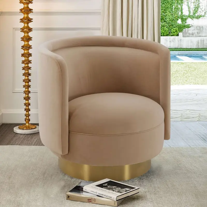 Peony Natrual Fabric Upholstered Sofa Accent Chair with Brushed Gold Legs By Armen Living