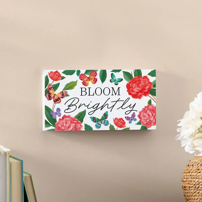 Peony Toile Wood Hanging Sign w/ Rope, Butterfly "Bloom Brightly", 11"x6"