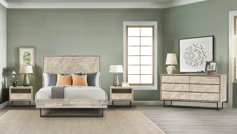 Peridot 4 Piece Queen Bedroom Set in Natural Acacia Wood By Armen Living