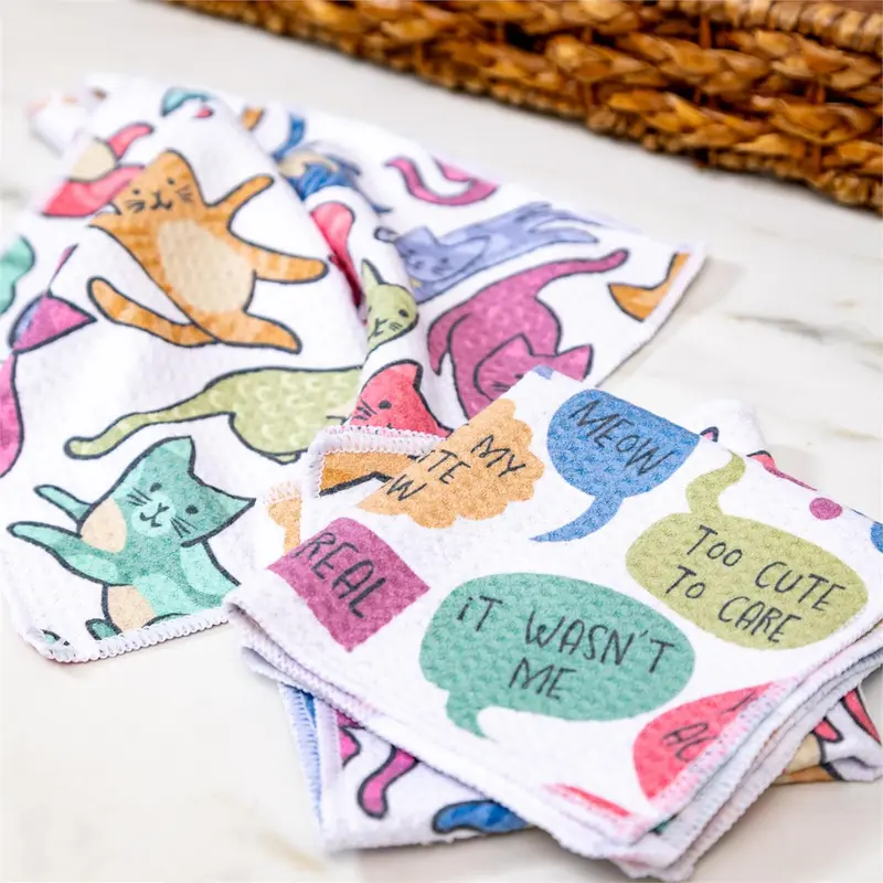Pet Central Cat Thoughts Kitchen Towel Quick Dry Dish Cloth, 10"x10", Set of 3