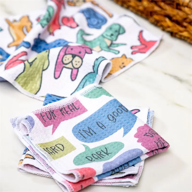 Pet Central Dog Thoughts Kitchen Towel Quick Dry Dish Cloth, 10"x10", Set of 3