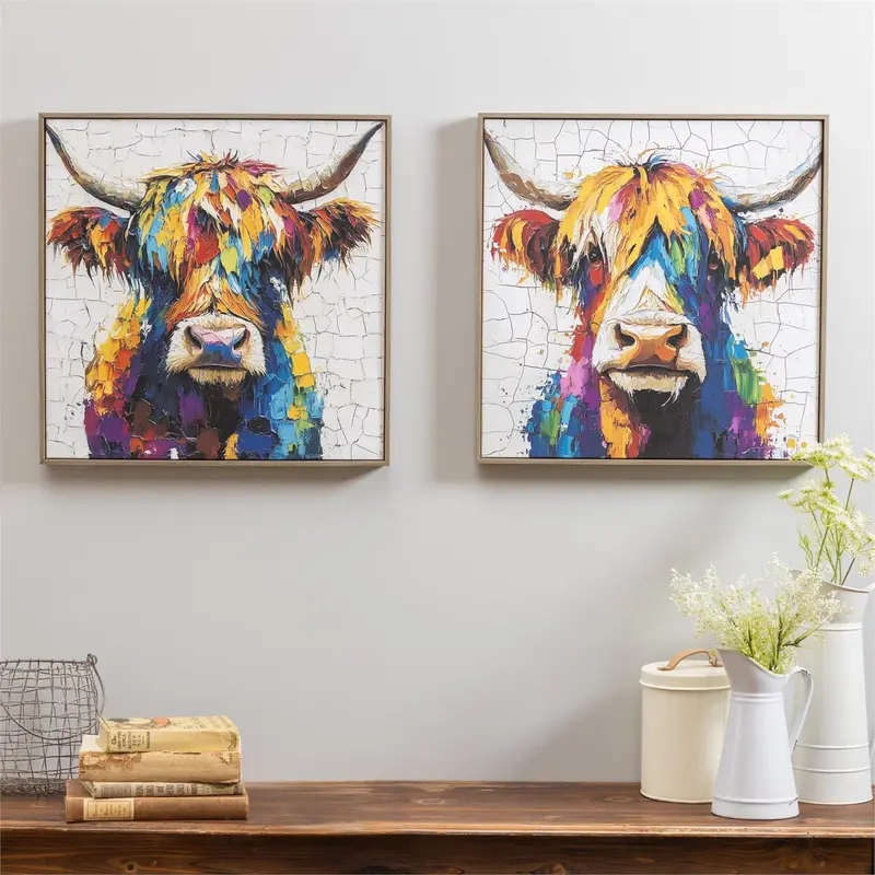 Petal and Plow Highland Cow Wall Décor, Canvas, Asst of 2, 20" L x 20" H