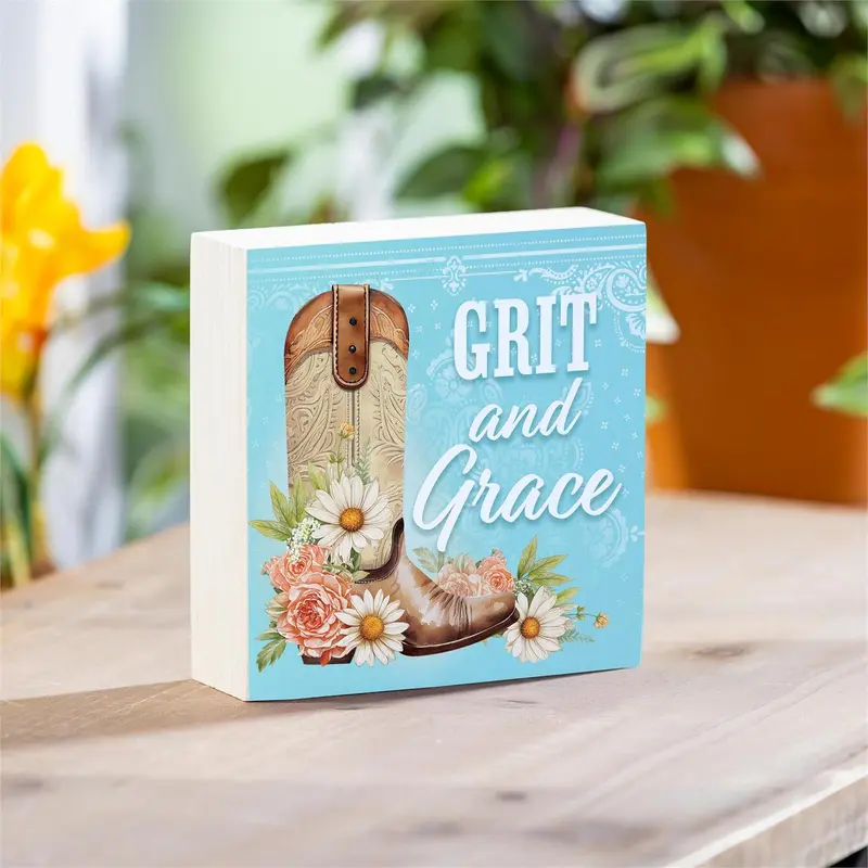 Petal & Plow Cowboy Boot Sign Wood Block "Grit and Grace", 6"x6"