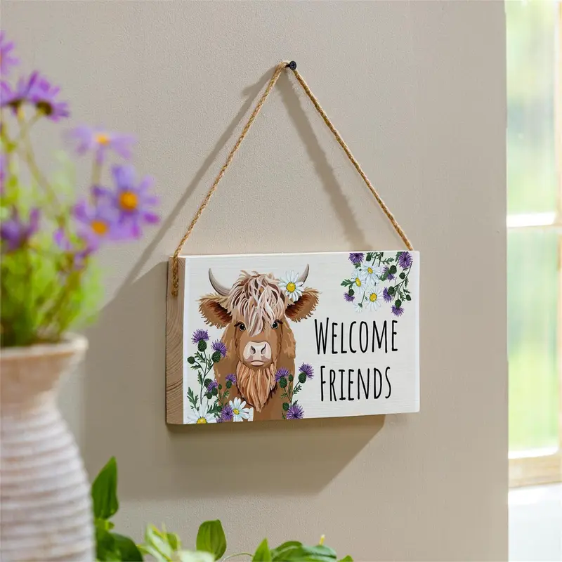 Petal & Plow Garden Decor, Hanging Sign, Highland Cow Welcome Friends, 11" L x 6" H