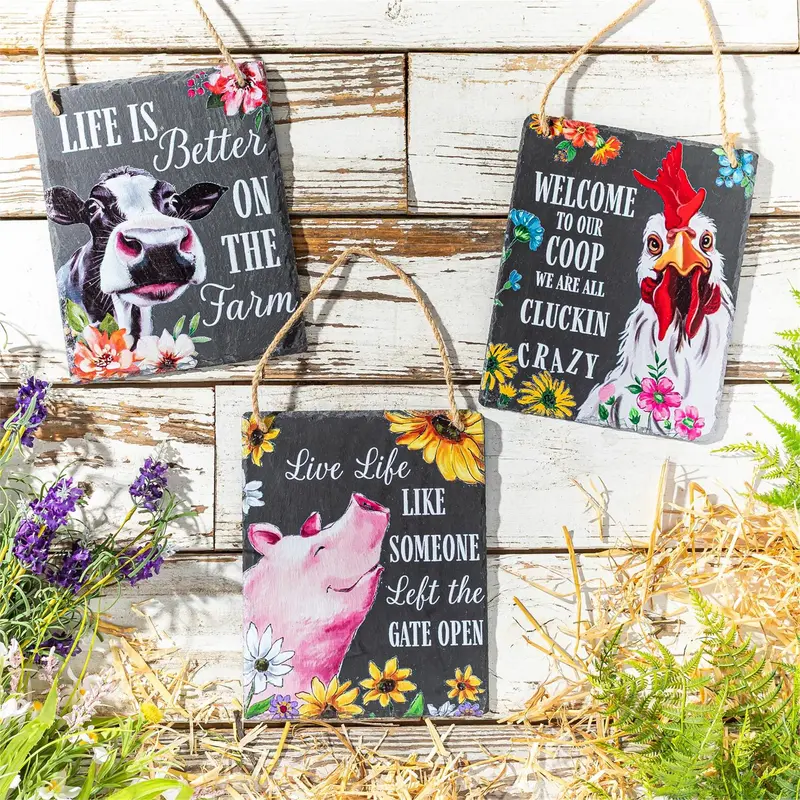 Petal & Plow Garden Sign, Slate, Funny Farm Animal, 8" L x 10" H, Asst of 3