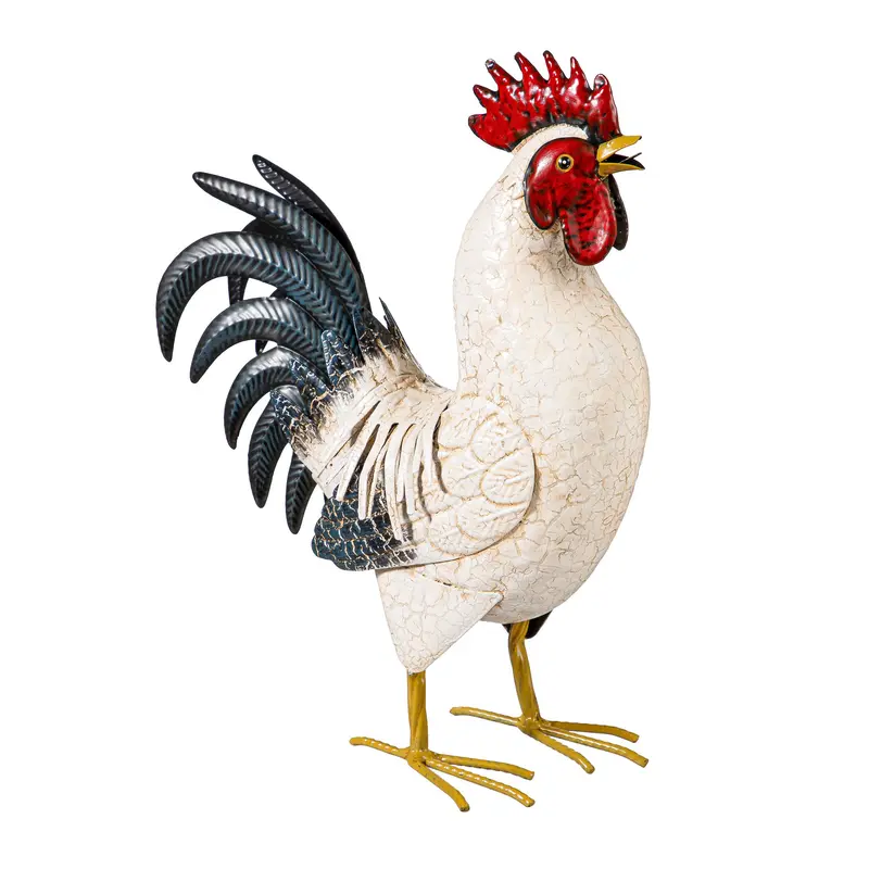 Petal & Plow Garden Statue, Metal Rooster With Light Feathers, 14"H