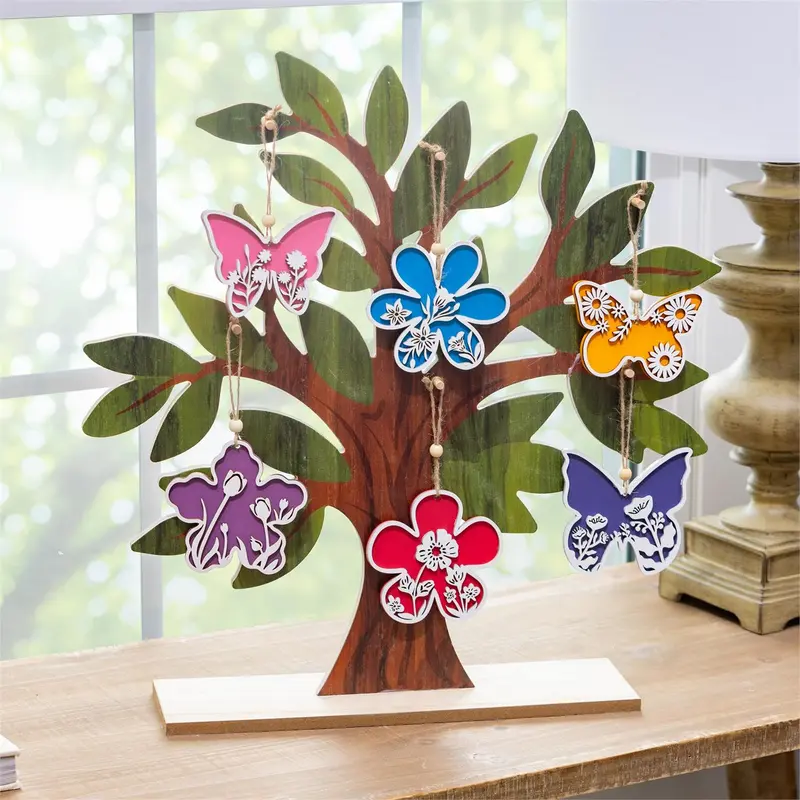 Petal & Plow Hanging Decor Wood Ornament Program, With Wood Tree Display