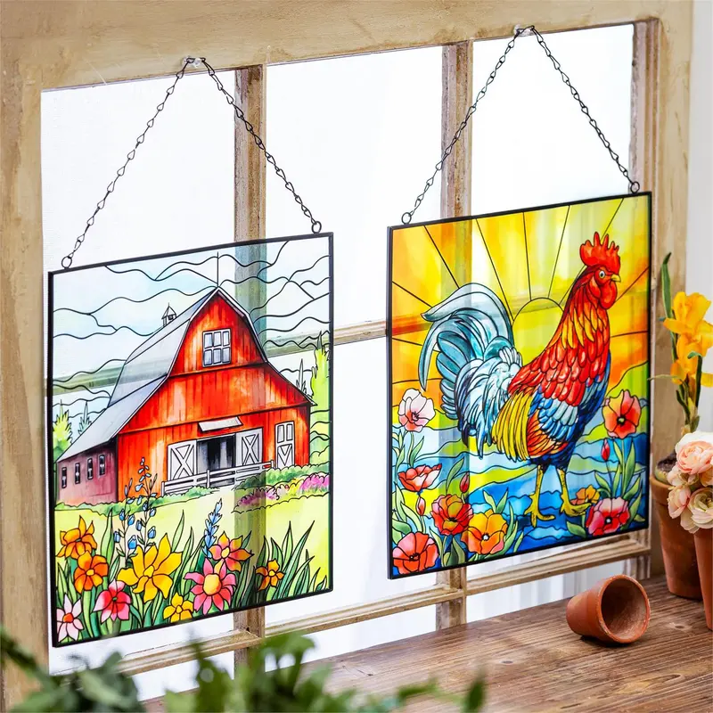 Petal & Plow Indoor Wall Decor, Farm Stained-Glass Wall Décor, 12" L x 12" H, Asst of 2