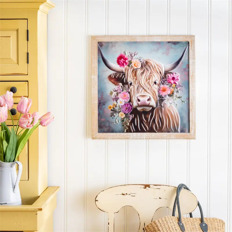 Petal & Plow Indoor Wall Decor, Metal, Yak with Florals Metal with Wooden Frame Wall Art, 20" L x 20