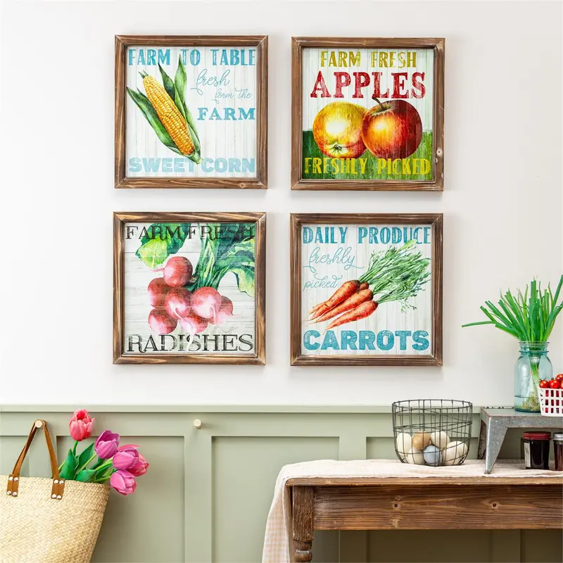 Petal & Plow Indoor Wall Decor, Wood, Farm Fresh Vegetables Wall Art, Asst of 4