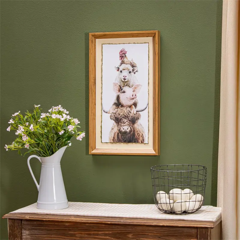Petal & Plow Indoor Wall Decor, Wood & Glass, Stacked Farm Animals Wall Art, 10" L x 18" H
