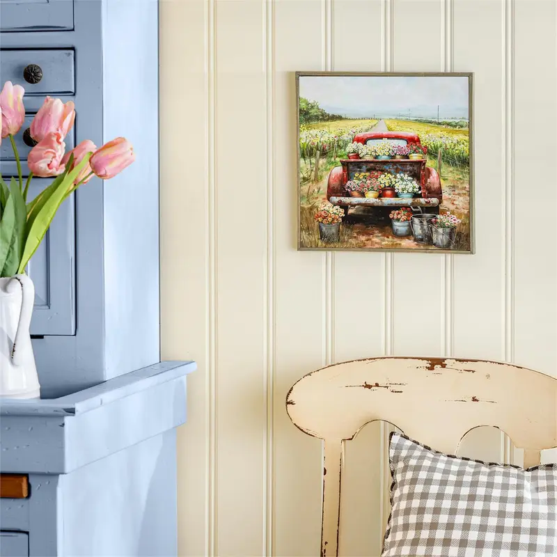 Petal & Plow Indoor Wall Decor, Wood, Red Truck filled with Flowers Wall Art, 12" L x 12" H