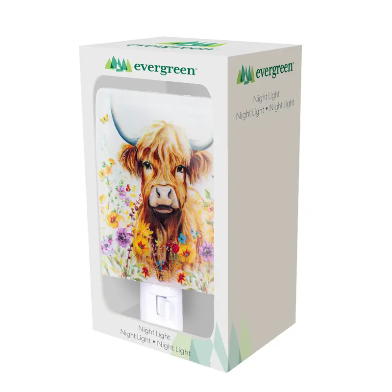 Petal & Plow Nightlight Glass Square Floral Highland Cow, 5.25"H