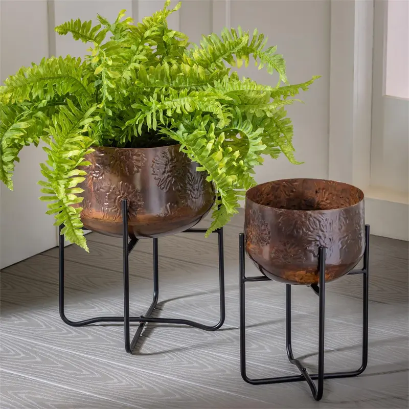 Petal & Plow Planter, Embossed Metal Sunflower with Stand, Set of 2