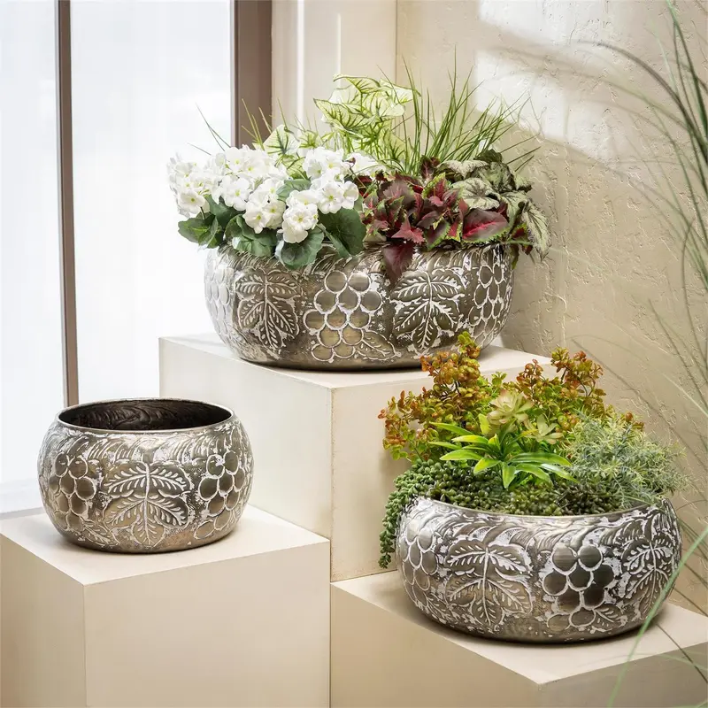 Petal & Plow Planters, Metal, Embossed Round Bowl, Nested Set of 3