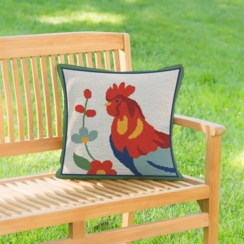 Petal & Plow Rooster, Indoor/Outdoor Hooked Pillow 18"x18"