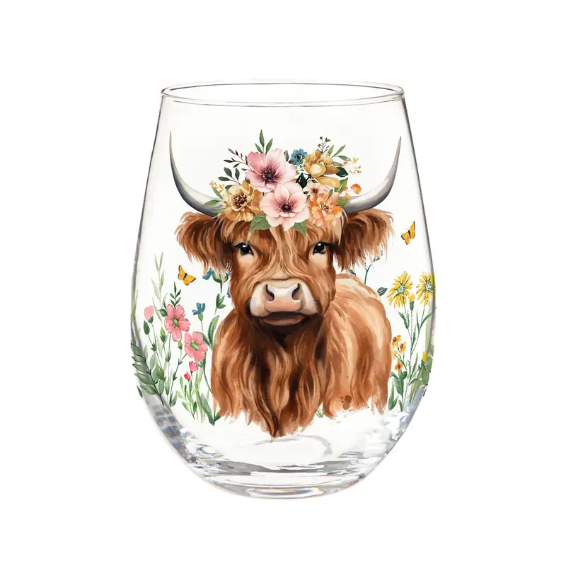Petal & Plow Wine Glass Stemless, Farm Highland Cow, 17oz, Gift Box