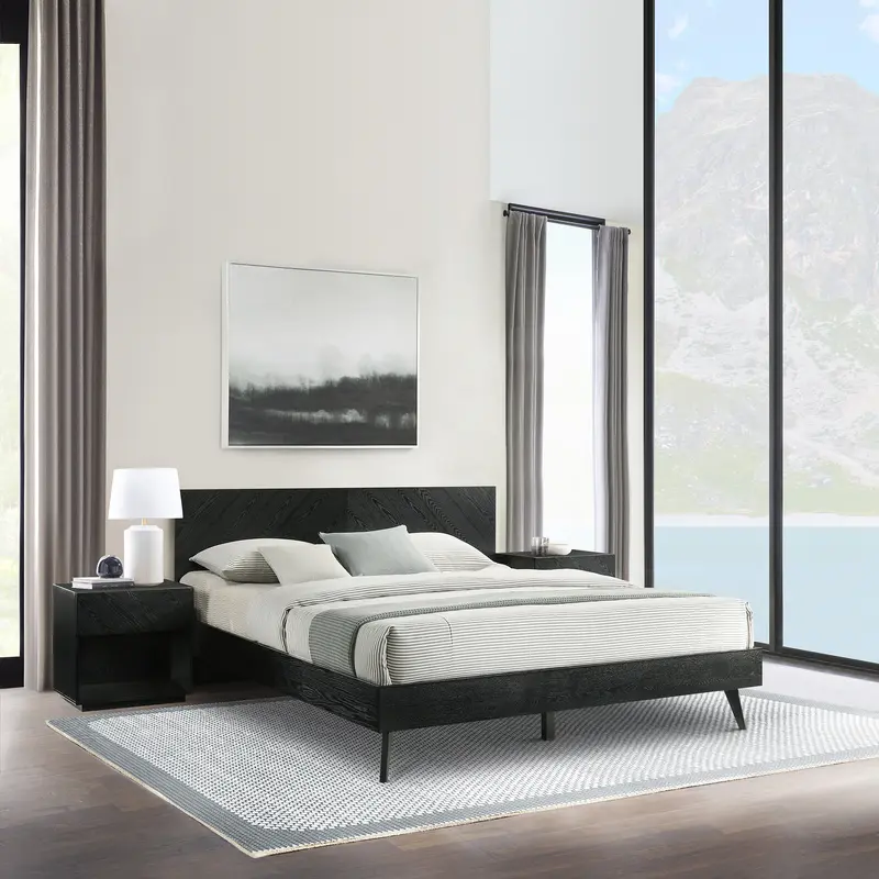 Petra King 3 Piece Wood Bedroom Set in Black Finish By Armen Living