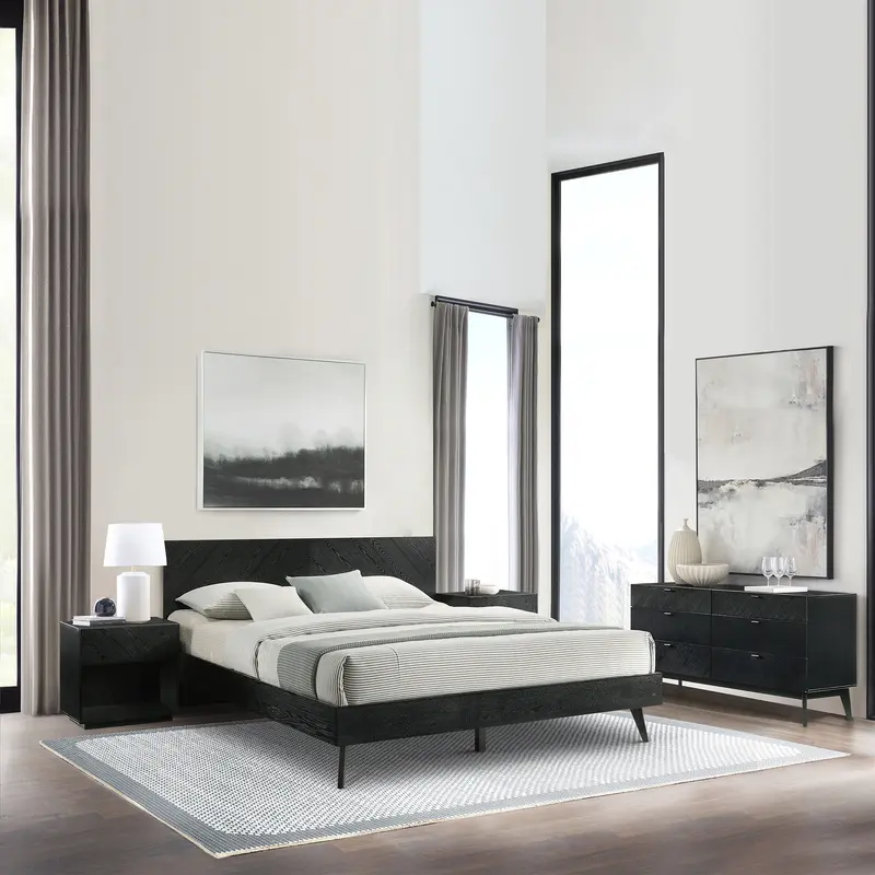 Petra King 4 Piece Wood Bedroom Set in Black Finish By Armen Living